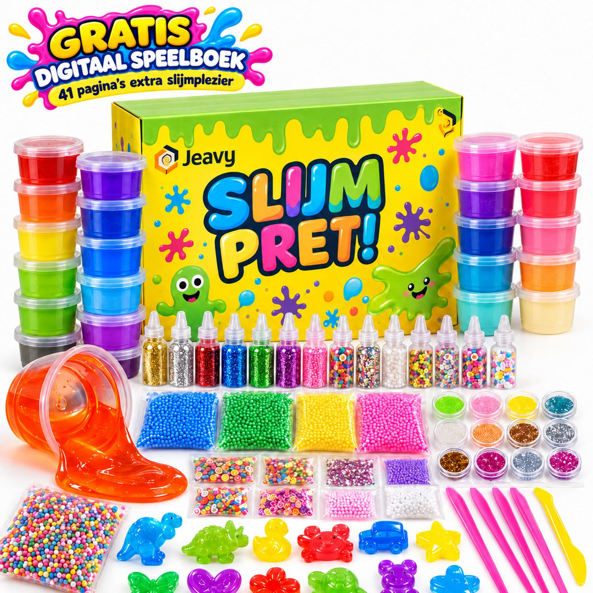 Jeavy Slijmset Kinderen – 86-delig Slijmpakket / Slime Kit met 16 Potjes Kant-en-Klaar Slijm, Glitters & Kralen – Gratis Digitaal Speelboek