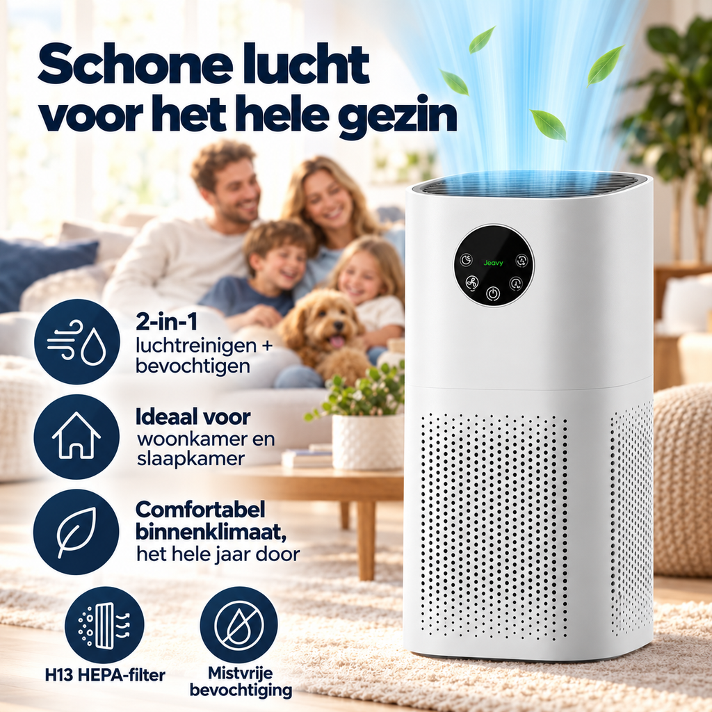 Jeavy 2-in-1 luchtreiniger en bevochtiger in een woonkamer met een gezin en hond op de achtergrond
