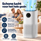 Jeavy luchtreiniger ververst de lucht in een gezellige woonkamer met een lezend gezin op de bank