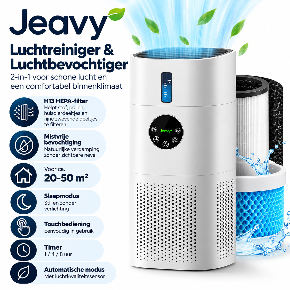 Overzicht van de Jeavy 2-in-1 luchtreiniger en luchtbevochtiger met losse filters, waterbevochtiger en overzicht van functies