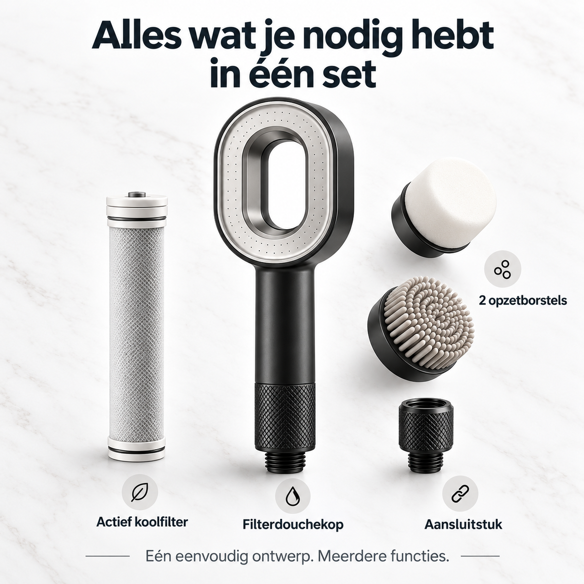 Overzicht van de complete Jeavy set bestaande uit een zwarte filterdouchekop, actief koolfilter, twee opzetborstels en een aansluitstuk op marmeren achtergrond