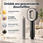 Uitleg over het Jeavy geavanceerde douchefilter met actief koolstoffilter, vitamine C infusie en 3 maanden vervangadvies
