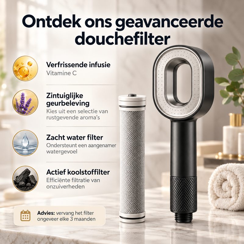 Uitleg over het Jeavy geavanceerde douchefilter met actief koolstoffilter, vitamine C infusie en 3 maanden vervangadvies