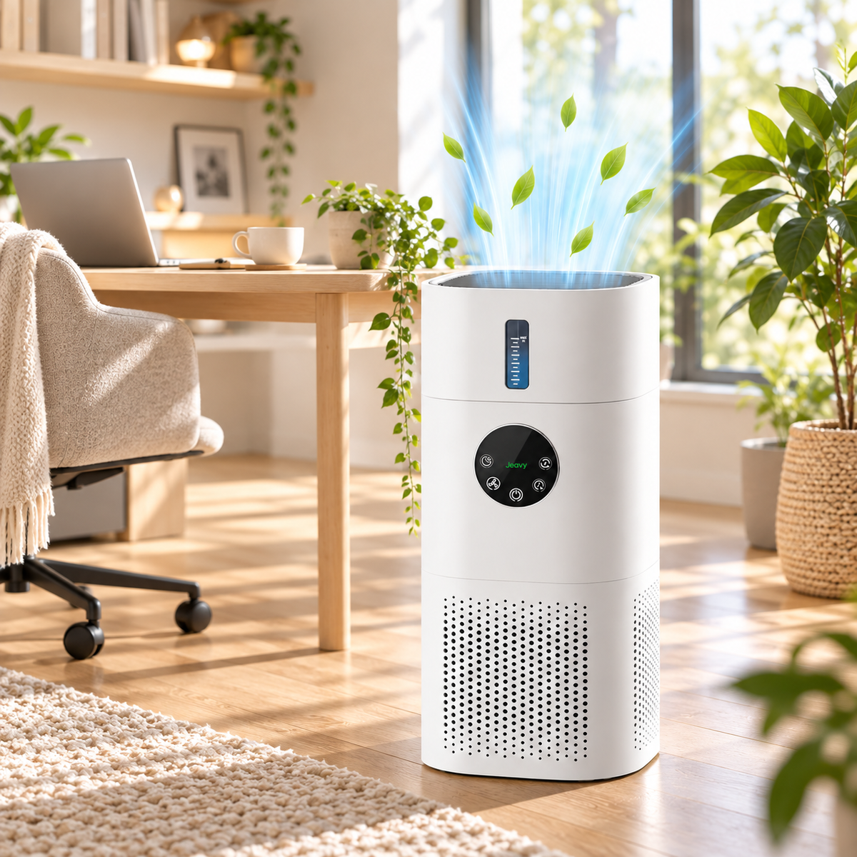 Jeavy 2-in-1 luchtreiniger en luchtbevochtiger werkend in een lichte werkruimte naast een bureau