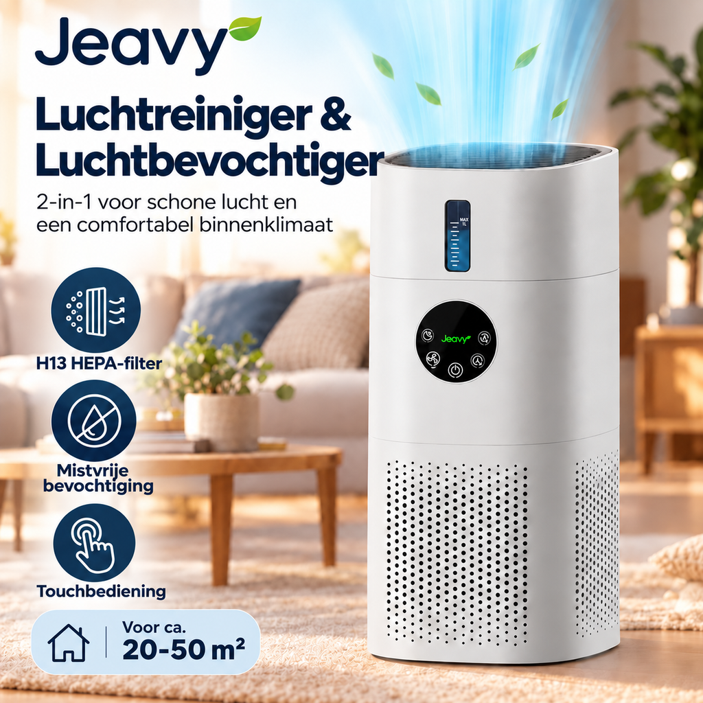 Jeavy 2-in-1 luchtreiniger en bevochtiger voor 20-50 m2 met H13 HEPA-filter opgesteld in een sfeervolle woonkamer