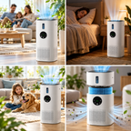Vier luiken met toepassingen van de Jeavy luchtreiniger in woonkamer, slaapkamer, met huisdier en met blauw waterfilter