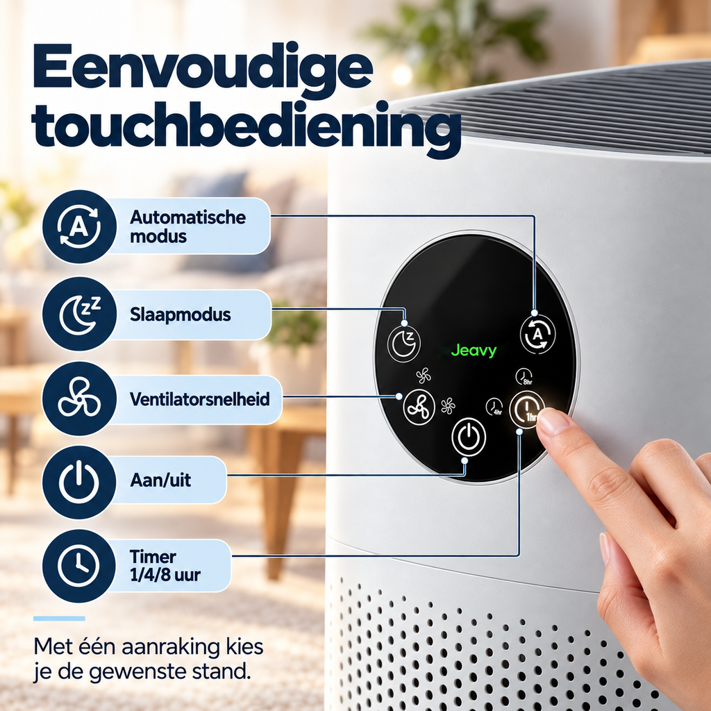 Close-up van de touchbediening op de Jeavy luchtreiniger met knoppen voor automatische modus, slaapmodus, timer en ventilatorsnelheid