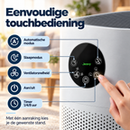 Close-up van de touchbediening op de Jeavy luchtreiniger met knoppen voor automatische modus, slaapmodus, timer en ventilatorsnelheid