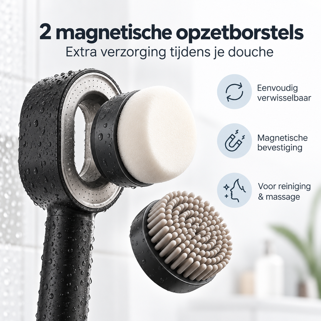 Detailopname van de twee magnetische opzetborstels van Jeavy voor reiniging, massage en extra verzorging