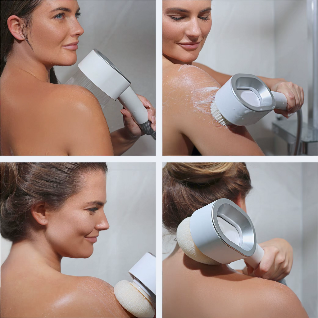 Vrouw gebruikt de Jeavy witte handdouche in de douche met waterstraal, borstel-opzetstuk en spons-opzetstuk
