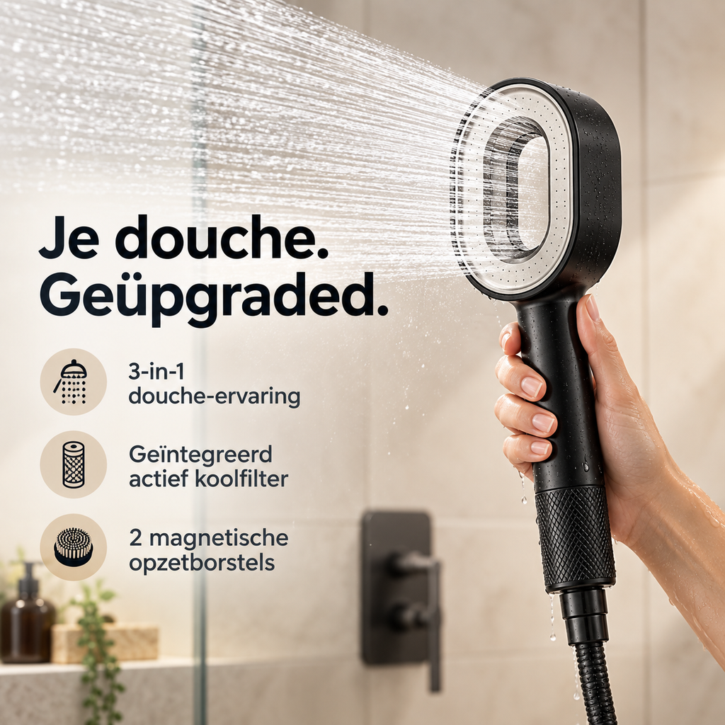 Hand die de Jeavy zwarte filterdouchekop vasthoudt tijdens een krachtige waterstraal in de douche