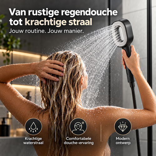 Vrouw die haar haren wast onder de Jeavy zwarte handdouche met een krachtige waterstraal